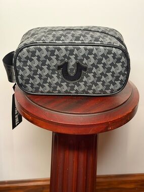 True Religion Gray Patterned Monogram Toiletry Pouch
